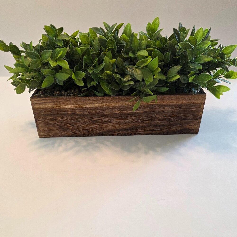 Rustic Faux Greenery in Wooden Planter Box, Natural Pebble River Rock